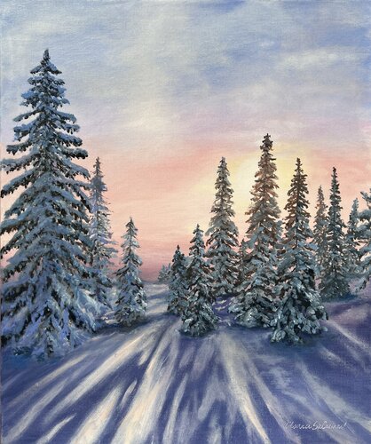 Sunset in Winter Forest van Oksana Salminen, Schilderij te koop op Singulart