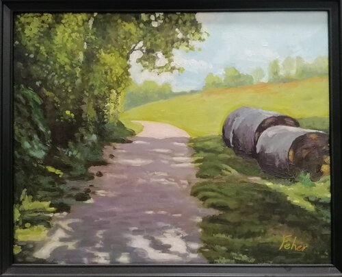 Hay barrels by the trail di Balazs Feher, Pittura in vendita su Singulart
