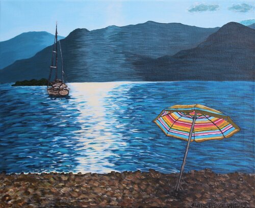 Vergessener Sonnenschirm und Sonnenuntergang am Gardasee di Alena Drisner, Pittura in vendita su Singulart