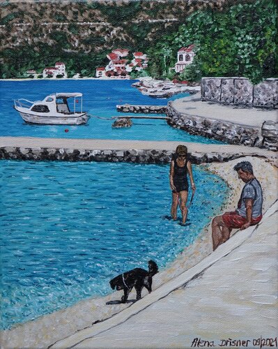 Paar mit Hund bei Erholung am Meer in Kroatien van Alena Drisner, Schilderij te koop op Singulart