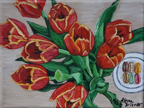 Rote Tulpen und Macarons de Alena Drisner, Pintura a la venta en Singulart