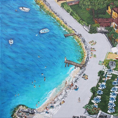 Schwimmen und Sonnen am Strand von Gardasee de Alena Drisner, Pintura a la venta en Singulart