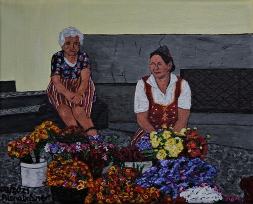 Frauen beim Blumenverkauf in der Hauptstadt Funchal auf der Blumeninsel Madeira di Alena Drisner, Pittura in vendita su Singulart