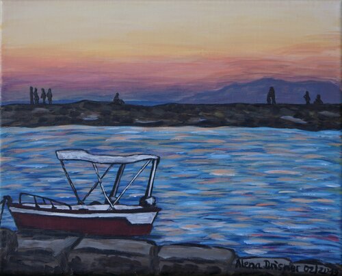 Boot beim Sonnenuntergang am Meer auf Kreta par Alena Drisner, Peinture en vente sur Singulart
