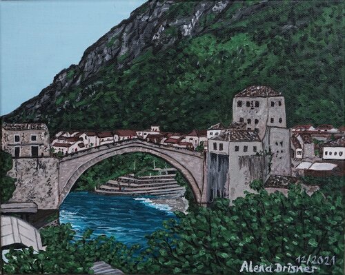 Bogenbrücke in Mostar in Bonsnien-Herzegowina de Alena Drisner, Pintura a la venta en Singulart