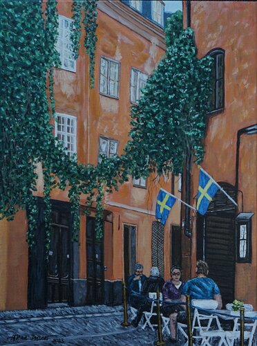 Altstadt und Cafe im Zentrum von Stockholm in Schweden de Alena Drisner, Pintura a la venta en Singulart