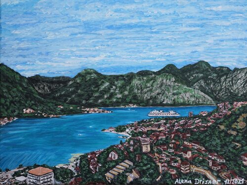 Blick auf die Kotor-Bucht in Montenegro van Alena Drisner, Schilderij te koop op Singulart