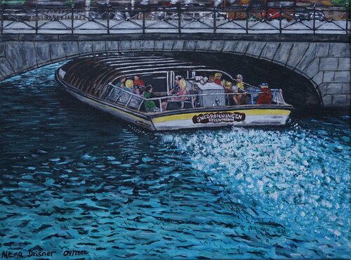 Sightseeing mit dem Boot in Kopenhagen in Dänemark de Alena Drisner, Pintura a la venta en Singulart
