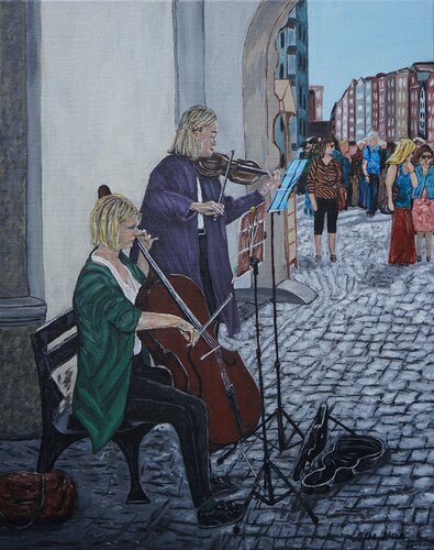 Straßenmusik in der polnischen Stadt Danzig di Alena Drisner, Pittura in vendita su Singulart