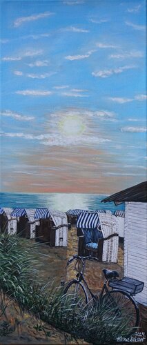 Mit dem Fahrrad am Strand beim Sonnenuntergang di Alena Drisner, Pittura in vendita su Singulart