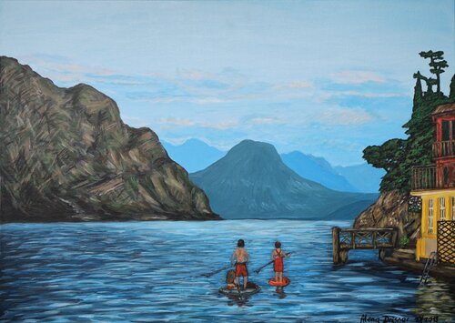 Erholung auf den Paddelbooten auf dem Gardasee de Alena Drisner, Pintura a la venta en Singulart