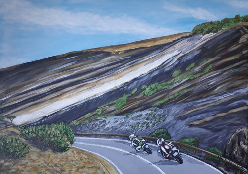 Eine Motorradtour in Teide Nationalpark auf Teneriffa van Alena Drisner, Schilderij te koop op Singulart