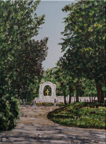 Burggarten in Wien mit der goldenen Mozartstatue de Alena Drisner, Pintura a la venta en Singulart