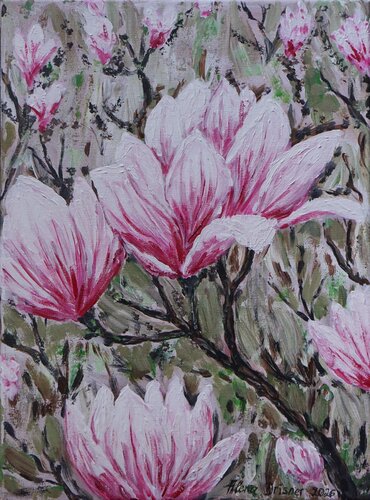 Wunderschöne Magnolien im Frühling van Alena Drisner, Schilderij te koop op Singulart