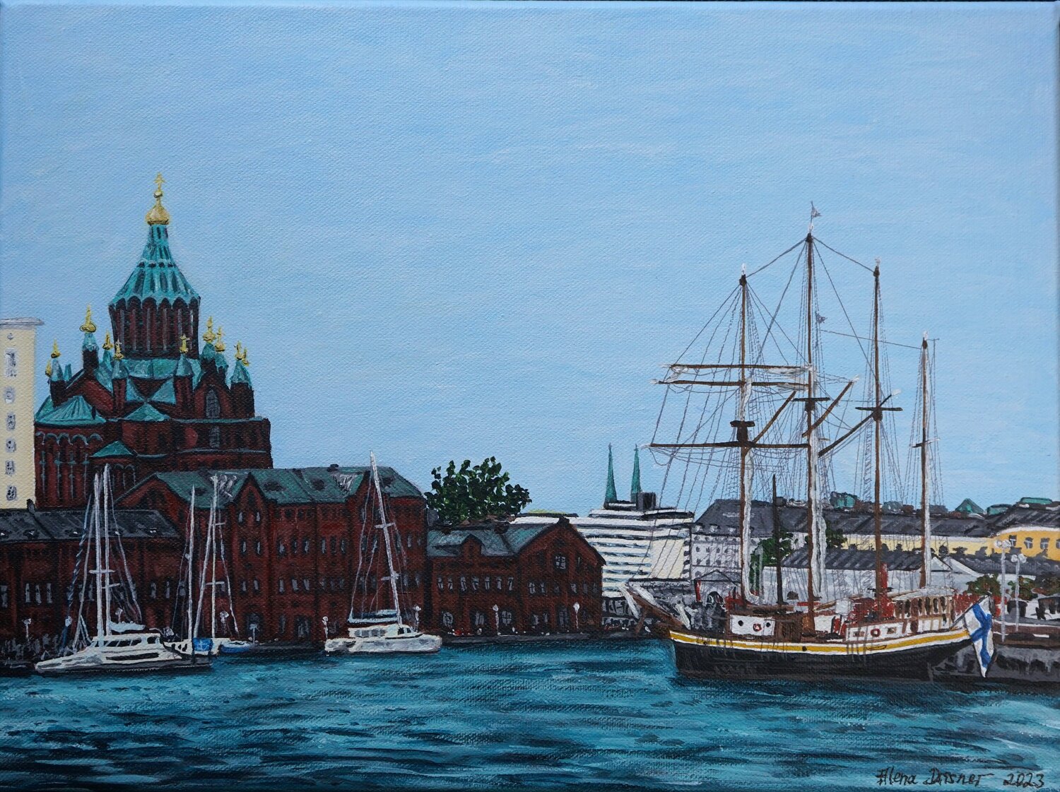 Sightseeing in der finnischen Hauptstadt Helsinki Alena Drisner Originalgemälde zu verkaufen