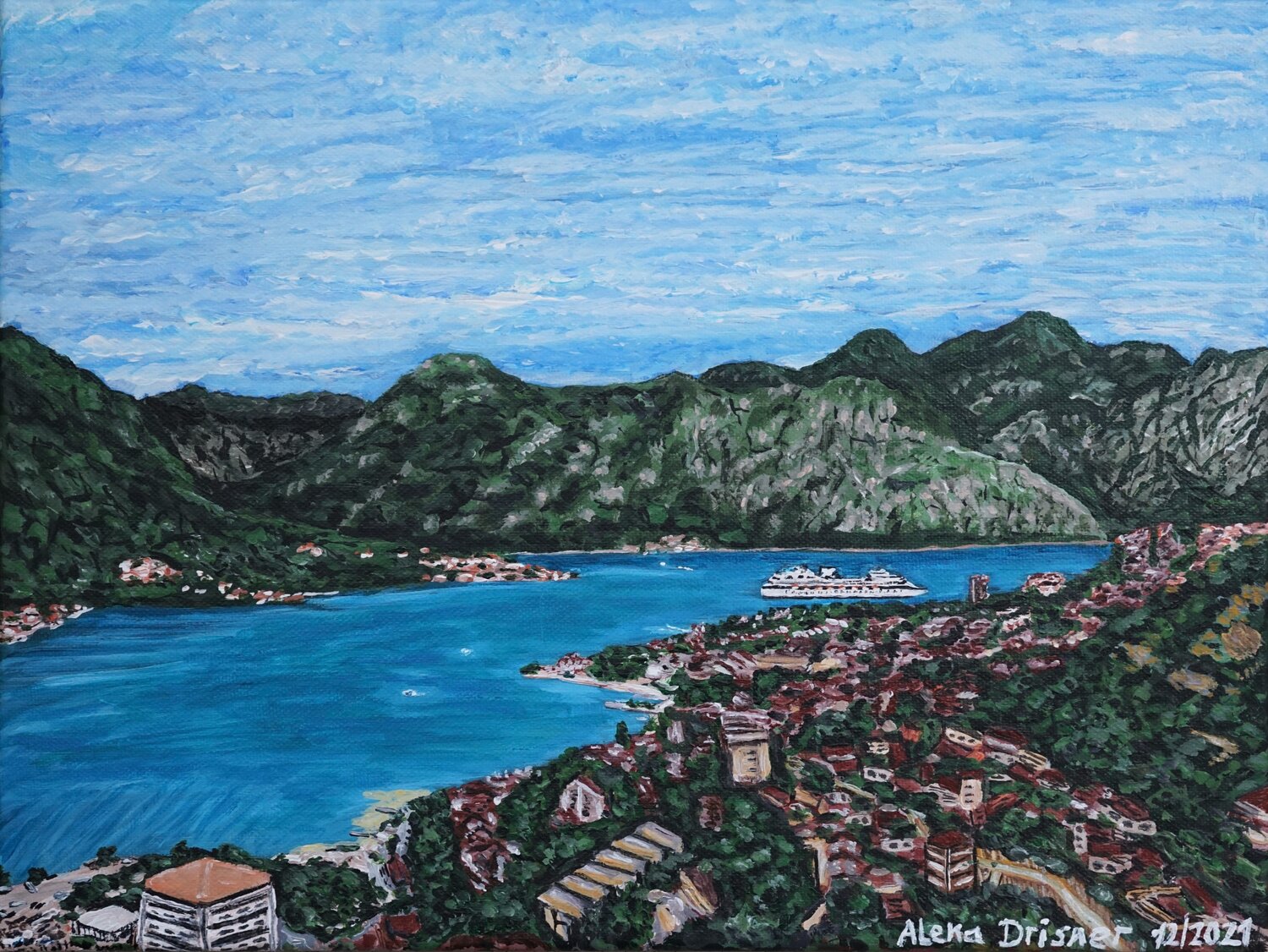 Blick auf die Kotor-Bucht in Montenegro Alena Drisner Originalgemälde zu verkaufen