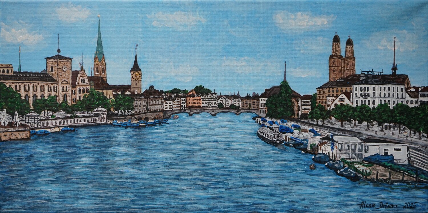 Züricher Altstadt in der Schweiz Alena Drisner Originalgemälde zu verkaufen