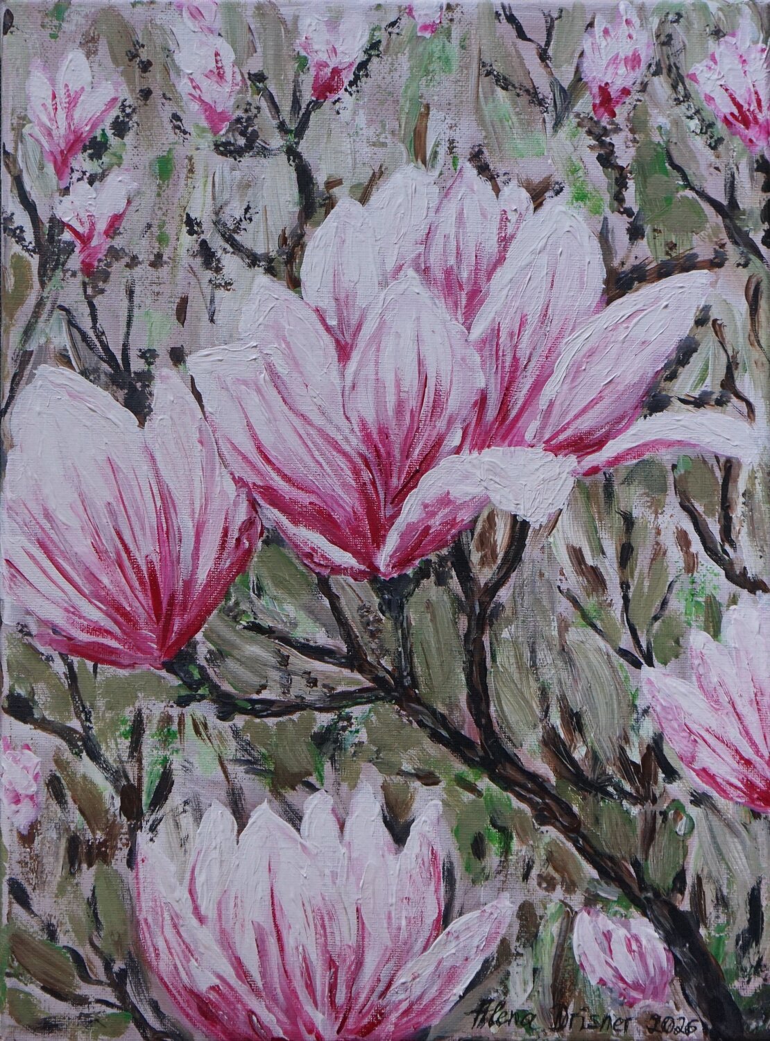 Wunderschöne Magnolien im Frühling Alena Drisner Dipinto originale in vendita