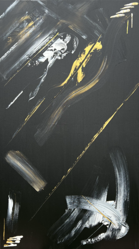 Gold, Schwarz, Weiß mit geometrischer Struktur wird Abstrakt / Teil meiner SOLO Ausstellung "Berlin Goes Abstract" PICE Gallery di Ben Plaumann, Pittura in vendita su Singulart