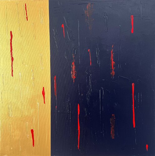 1/3 gold, 2/3 dunkel- blau mit rot wird abstrakt / "Session 7" Azur Galerie Berlin 2024 di Ben Plaumann, Pittura in vendita su Singulart
