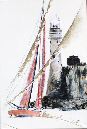 Bateau doublant le phare du Fastnet Rock di Alain Abramatic, Pittura in vendita su Singulart