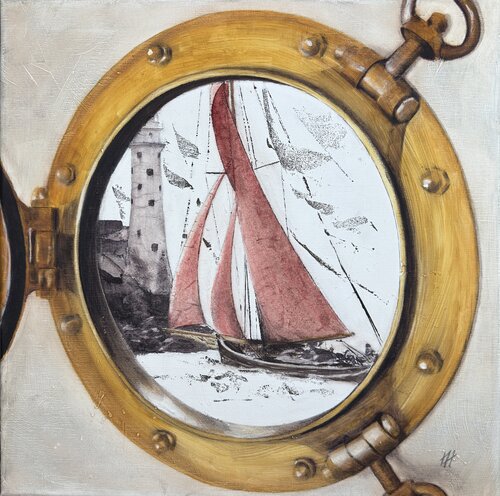 Vue sur le phare du Fasnet Rock au travers du hublot de la cabine von Alain Abramatic, Malerei kaufen auf Singulart