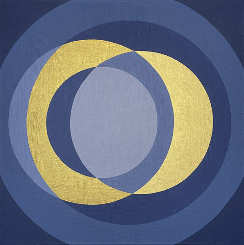 Circles in dark and light blue & antique and light gold von Laura Rota, Malerei kaufen auf Singulart