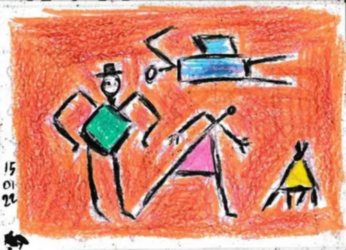 Old geezer, housekeeper, dog, and angel von Harry FENNEY, Zeichnungen kaufen auf Singulart