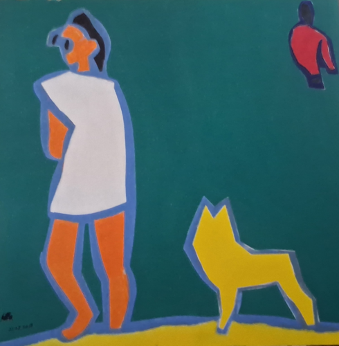 beach scene, femme, yellow dog by Harry FENNEY, Painting for Sale on Singulart