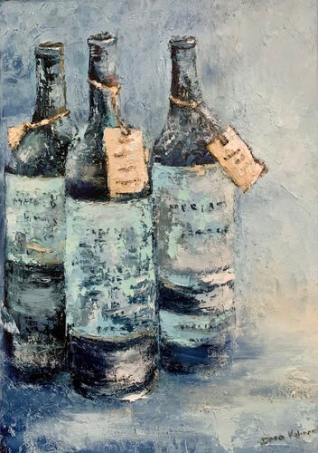 Blue Allure of Bottles of Wine by Dora Kalinova, 油畫 for Sale on Singulart