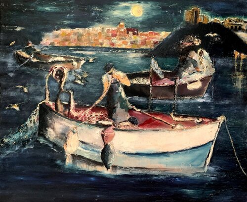 Nighttime fishing scene de Dora Kalinova, Pintura a la venta en Singulart