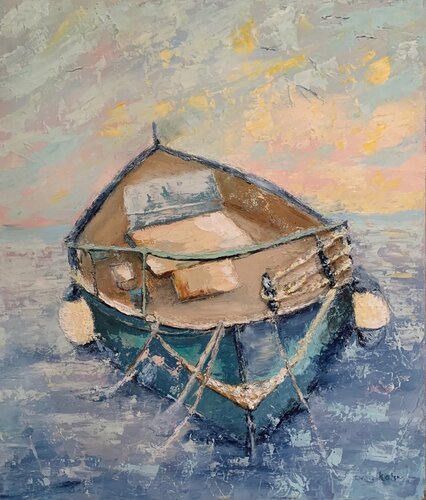 Old boat by summer sea horizon par Dora Kalinova, Peinture en vente sur Singulart