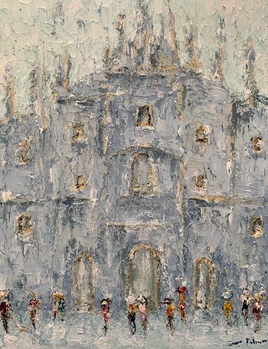 Passeggiata sotto la pioggia nel Duomo di Milano von Dora Kalinova, Malerei kaufen auf Singulart