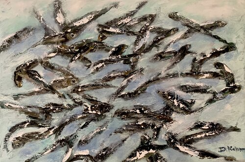 Acciughe che nuotano de Dora Kalinova, Pintura a la venta en Singulart