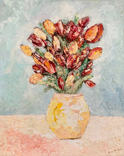 Bouquet di tulipani vivaci in fiore di Dora Kalinova, Pittura in vendita su Singulart