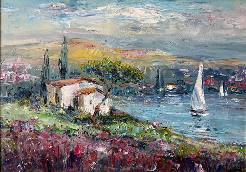 SPRINGTIME IN GARDA / GARDASEE, OIL PAINTING WITH ITALIAN GOLDEN FRAME. di Altin Furxhi, Pittura in vendita su Singulart