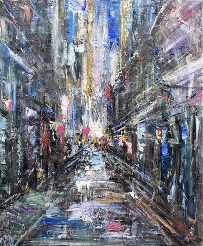 ABSTRACT CITY LIGHTS 90 X 108 oil on canvas van Altin Furxhi, Schilderij te koop op Singulart