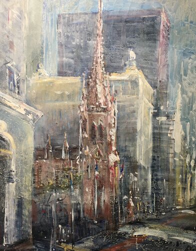 Evening at Trinity Church, New York, oil on canvas 80 x 60 par Altin Furxhi, Peinture en vente sur Singulart