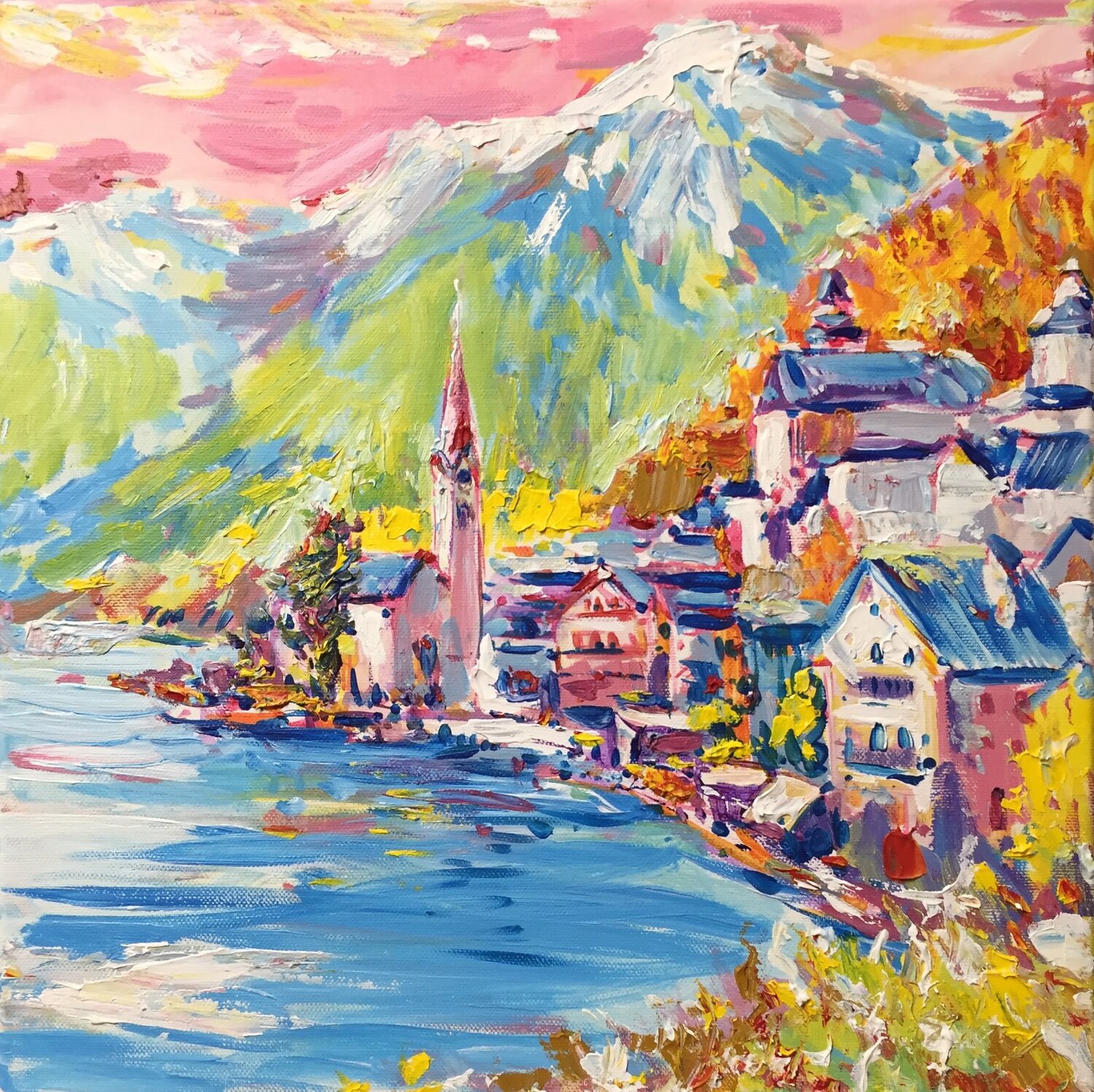 Hallstatt, 40x40 painting Altin Furxhi Originalgemälde zu verkaufen