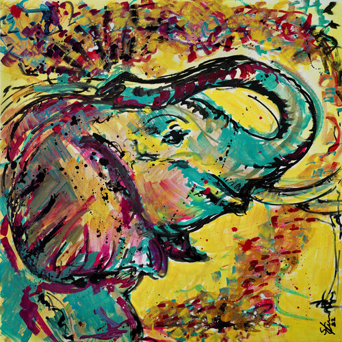 Elefant in Sand van Sabine Kraftmeier, Schilderij te koop op Singulart