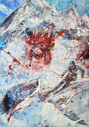 Skifahrer und Hahn von Sabine Kraftmeier, Malerei kaufen auf Singulart