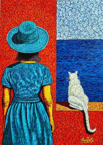 "A girl with white cat and the Sea" van Taner Mert, Schilderij te koop op Singulart