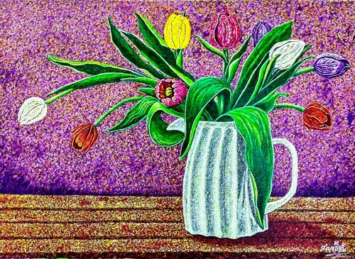 "Naturmort tulips in white vase" van Taner Mert, Schilderij te koop op Singulart