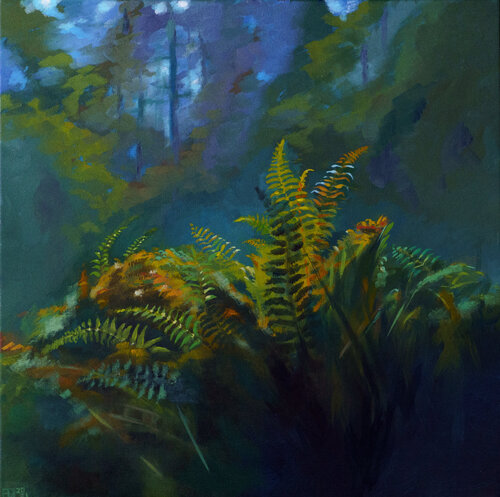 Dunkelheit – Farne im Wald van Axel Jung, Schilderij te koop op Singulart