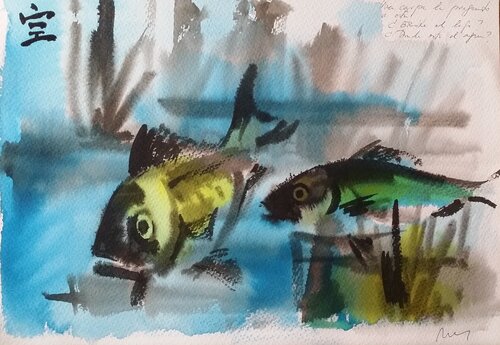Carpas en lago par Mariano Cebrián Olleros, Dessin en vente sur Singulart