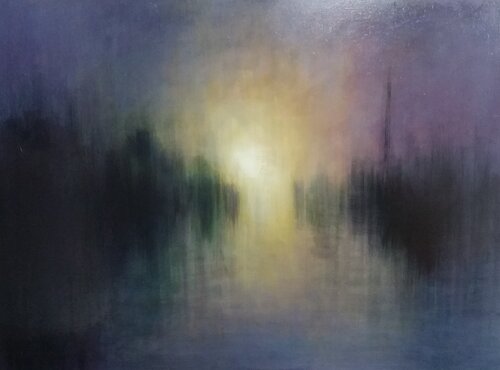 Paisaje abstracto violeta y amarillo de Mariano Cebrián Olleros, Pintura a la venta en Singulart