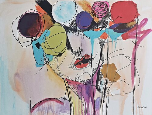 Contemporary Abstract Painting of Urban Woman with Flowers. di Daheaven Art, Pittura in vendita su Singulart