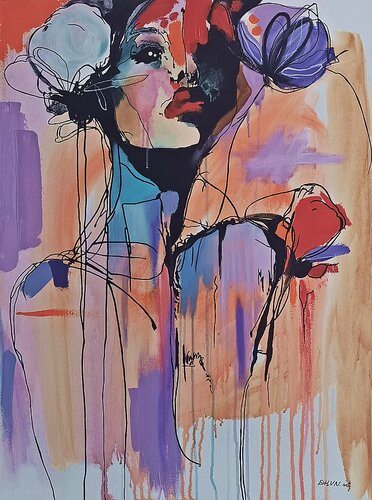 Abstract Painting of Elegant Woman with Large Flowers. de Daheaven Art, Pintura a la venta en Singulart