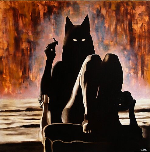 Mystical Cat Mask Portrait - Dramatic Oil Painting. Daheaven Art