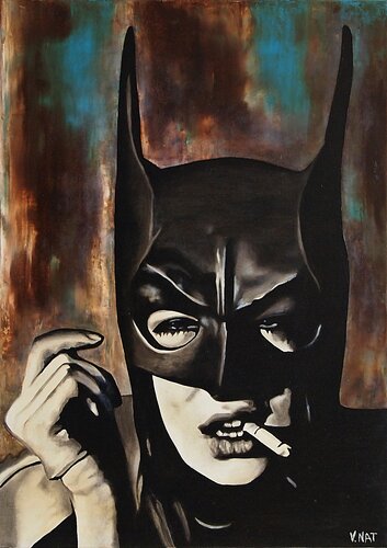 Vintage Oil Painting of Batgirl Smoking Cigarette. von Daheaven Art, Malerei kaufen auf Singulart